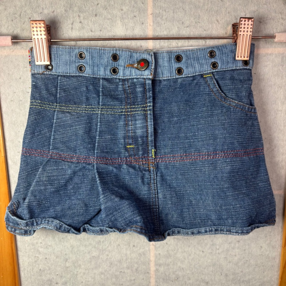 Versace Young Denim Mini Skirt 2 Blue Pleated Grommet Rainbow VTG Y2K‎ Italy
